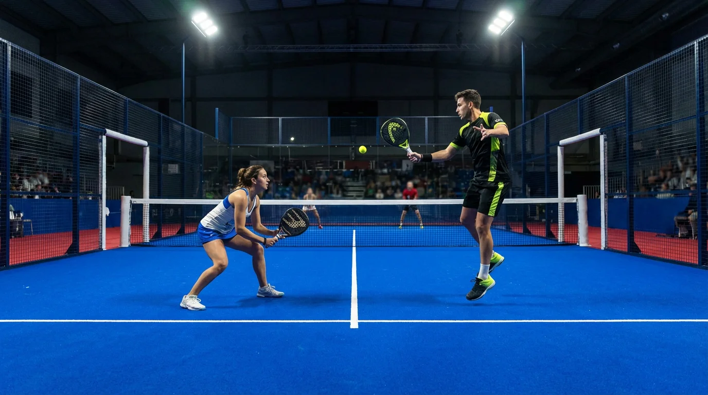 Pareja de pádel coordinada durante un punto en la red con posiciones drive y revés claramente definidas