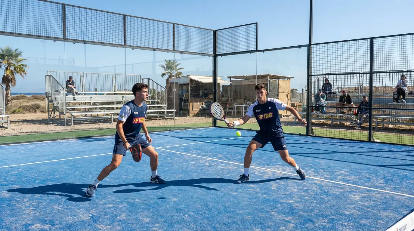 Partido de pádel en un torneo FIP con pista al aire libre y jugadores jóvenes compitiendo
