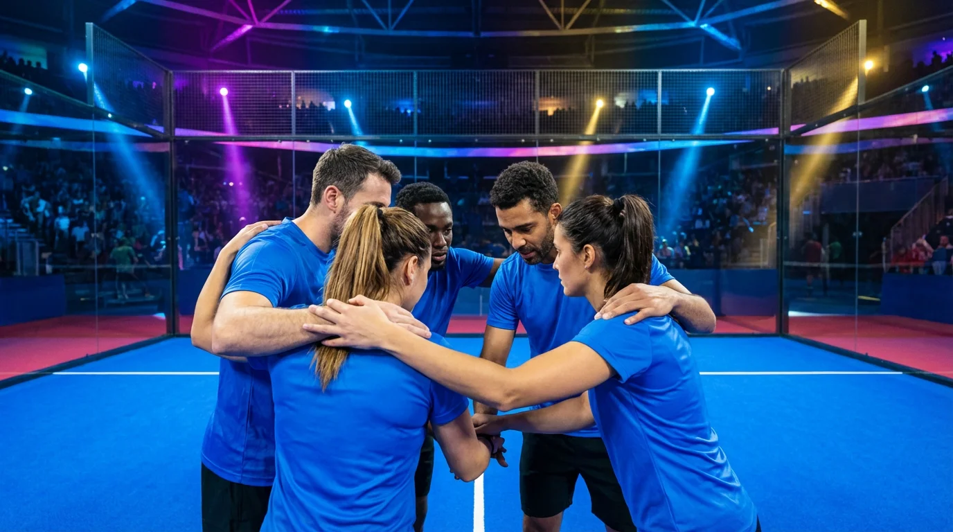 Equipo de pádel de la Hexagon Cup reunido al borde de la pista con camisetas de colores del equipo