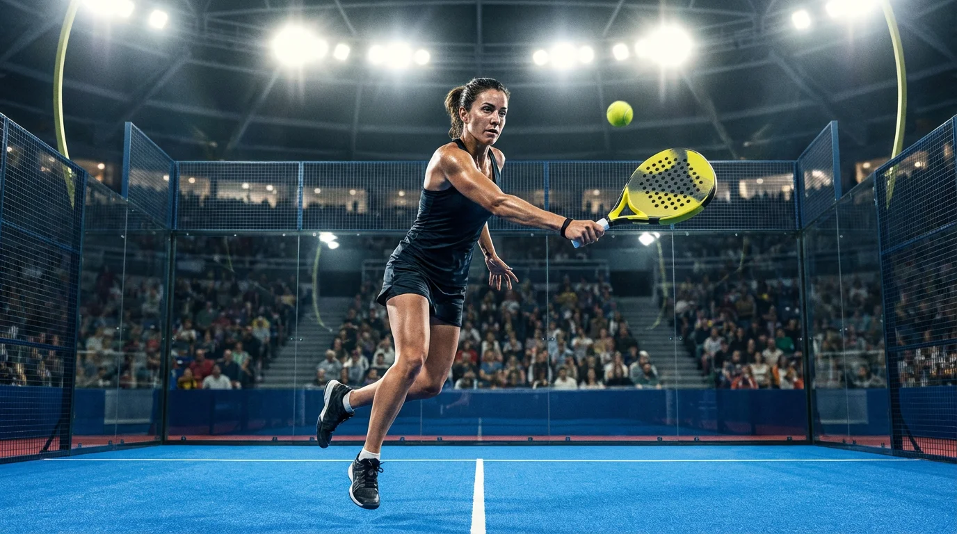 Jugadora de pádel profesional ejecutando un remate en una pista de competición con gradas al fondo