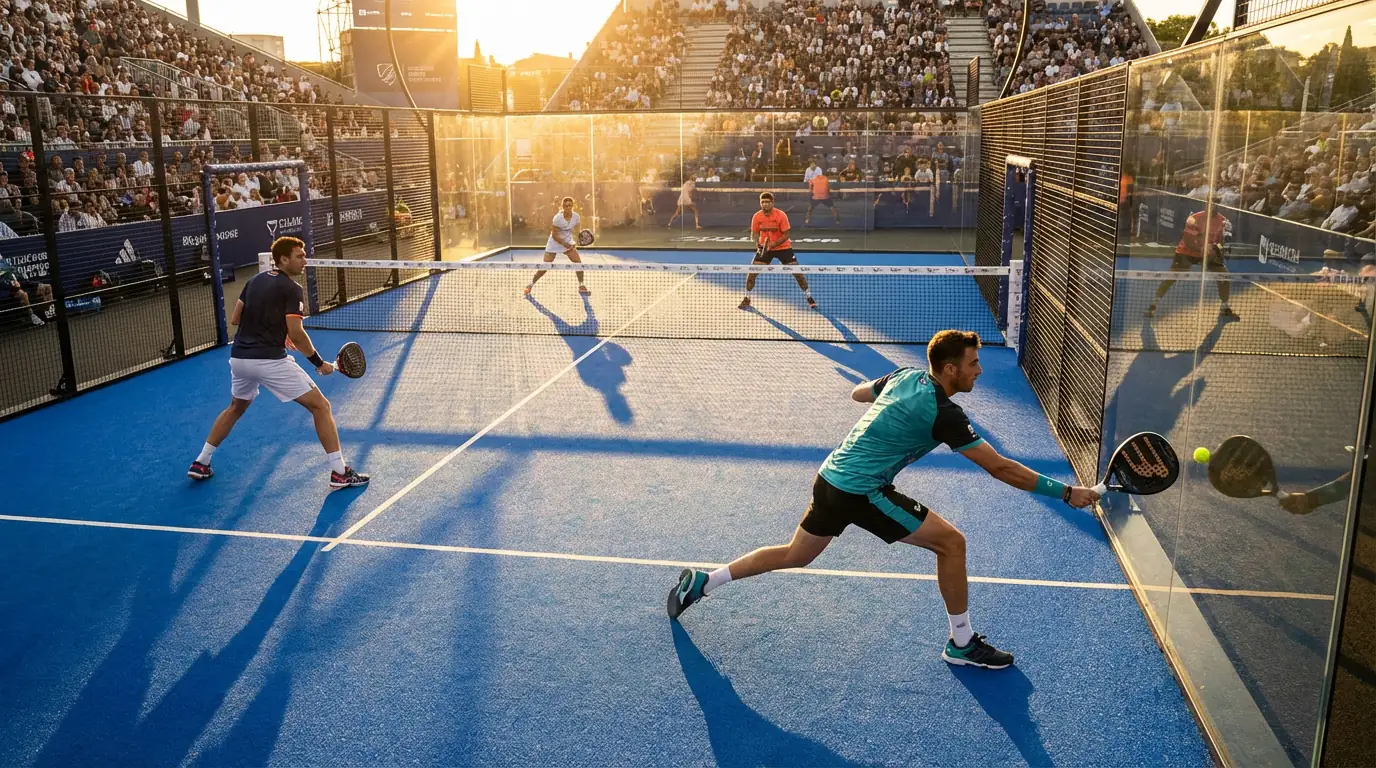 Pista de pádel profesional iluminada durante un partido de Premier Padel con jugadores en acción