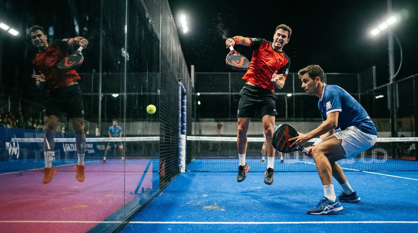 Jugadores de pádel profesional disputando un punto en pista indoor con iluminación de competición