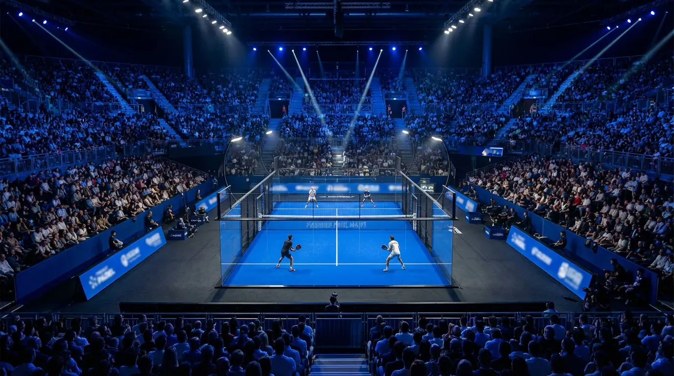 Pista central de un torneo Premier Padel Major con gradas llenas de público e iluminación profesional