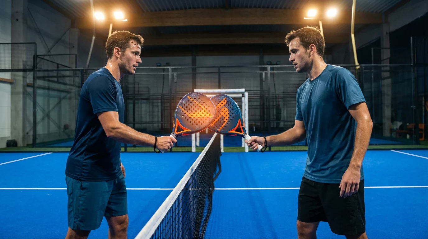 Dos jugadores de pádel chocando las palas en señal de nueva asociación al inicio de un torneo