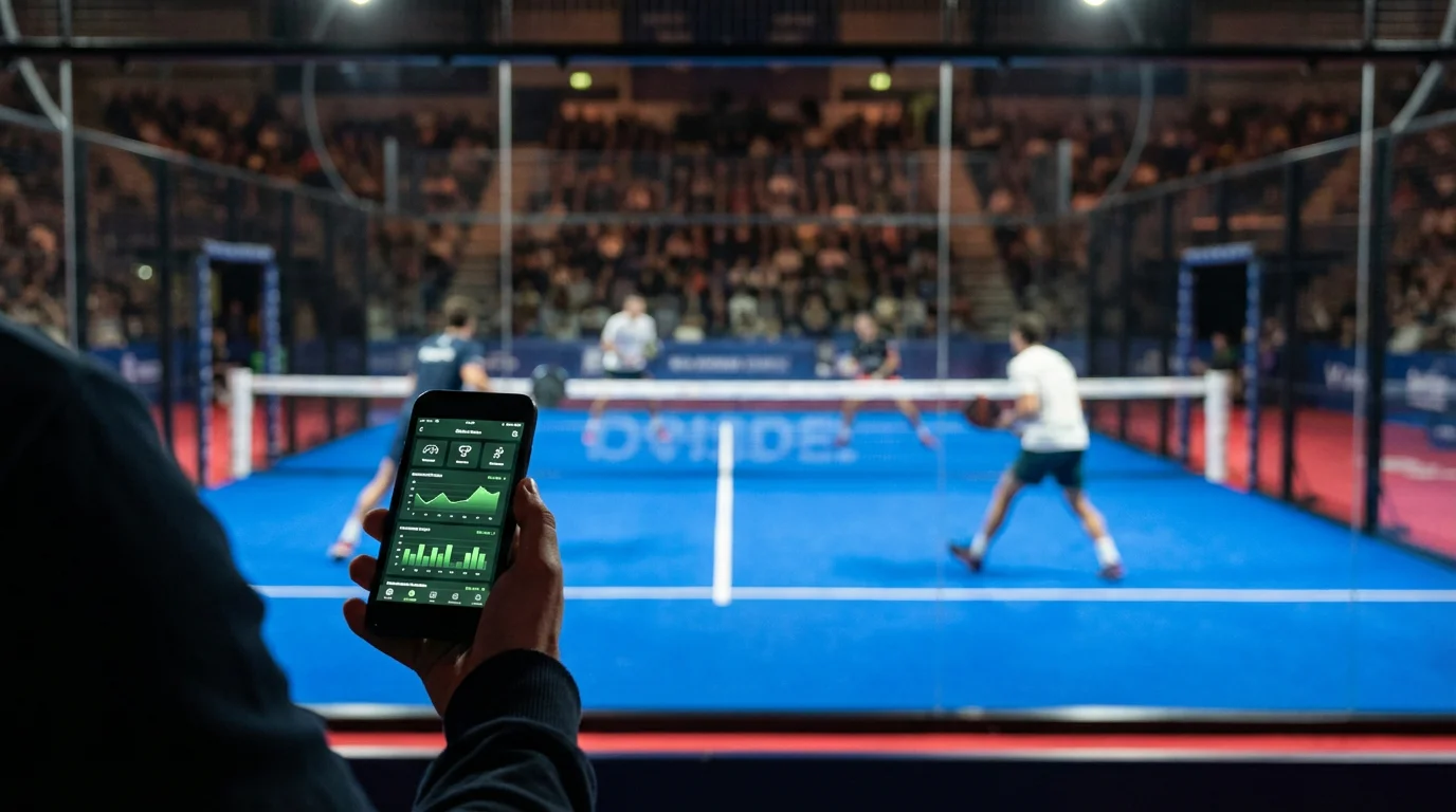 Mano de espectador sosteniendo un teléfono móvil con un partido de pádel en vivo de fondo en la pista