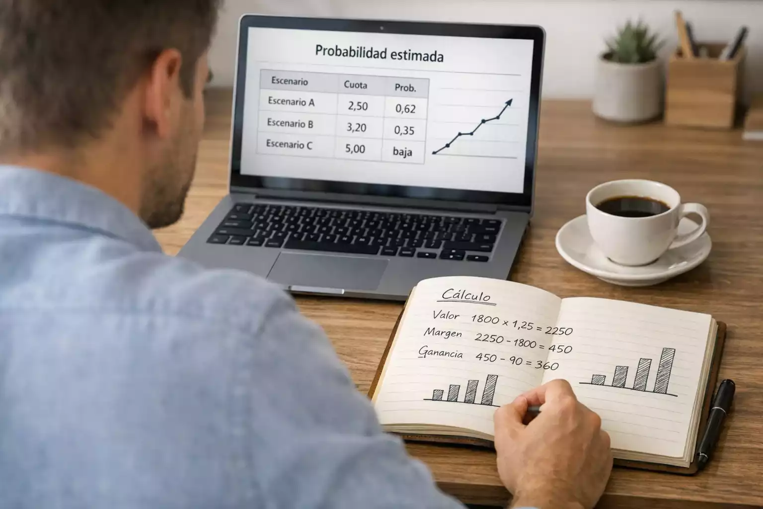 Persona analizando cuotas de pádel en un portátil con notas y gráfico de probabilidad implícita