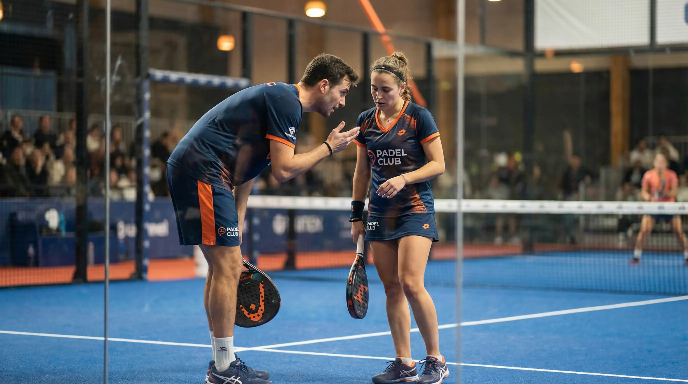 Pareja de pádel profesional celebrando un punto con raquetas en pista de cristal