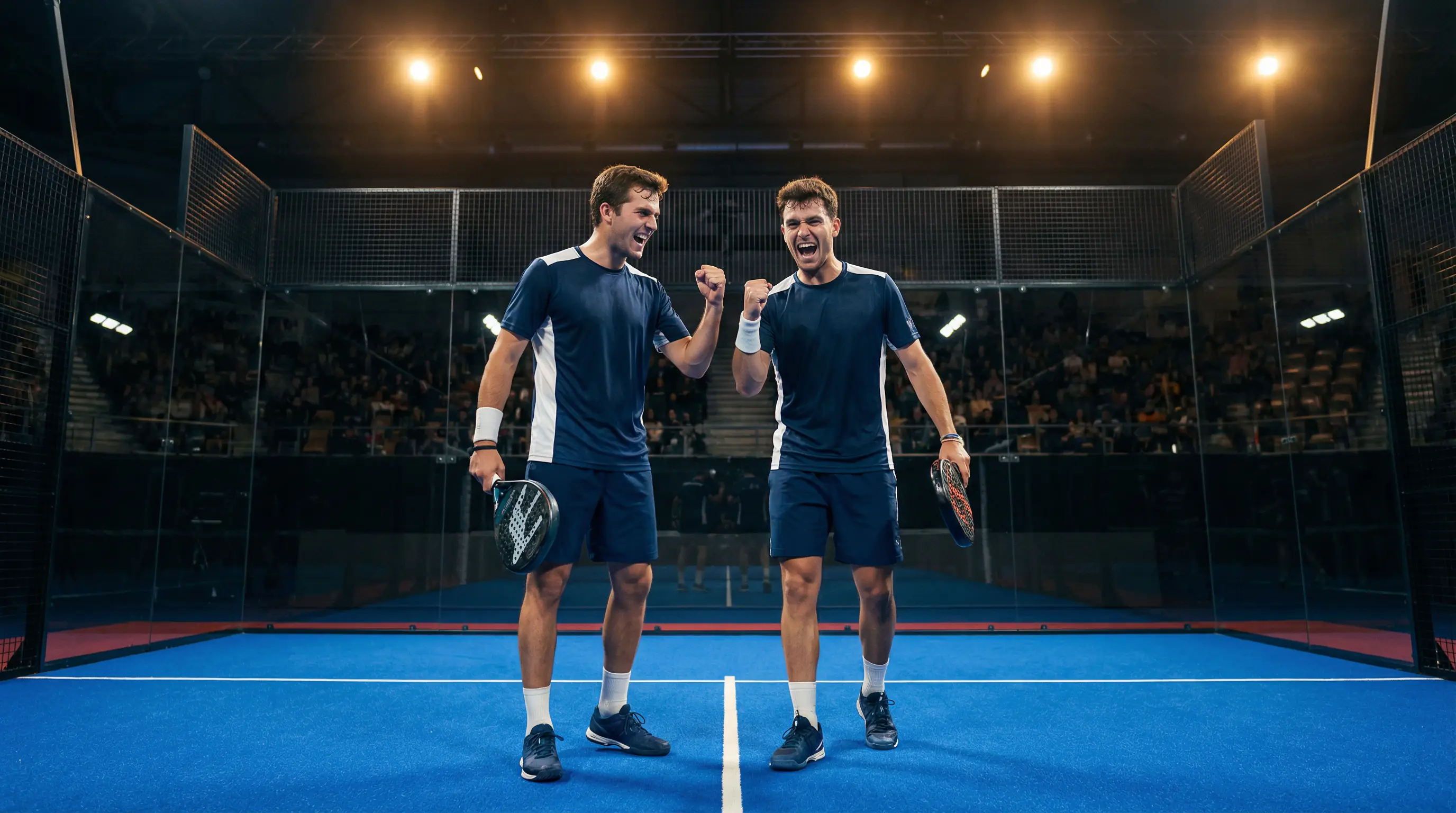 Pareja de pádel celebrando un set ganado con los puños en alto en una pista de cristal
