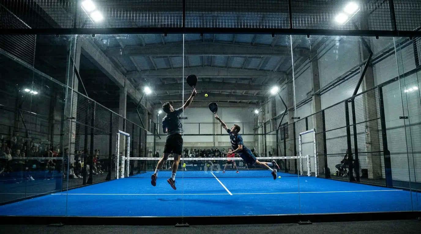 Marcador de pista de pádel mostrando un set reñido con dos parejas compitiendo al fondo