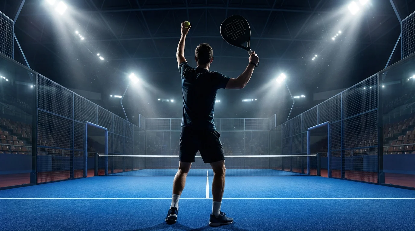 Jugador de pádel concentrado antes de ejecutar el saque en un punto decisivo bajo focos de competición