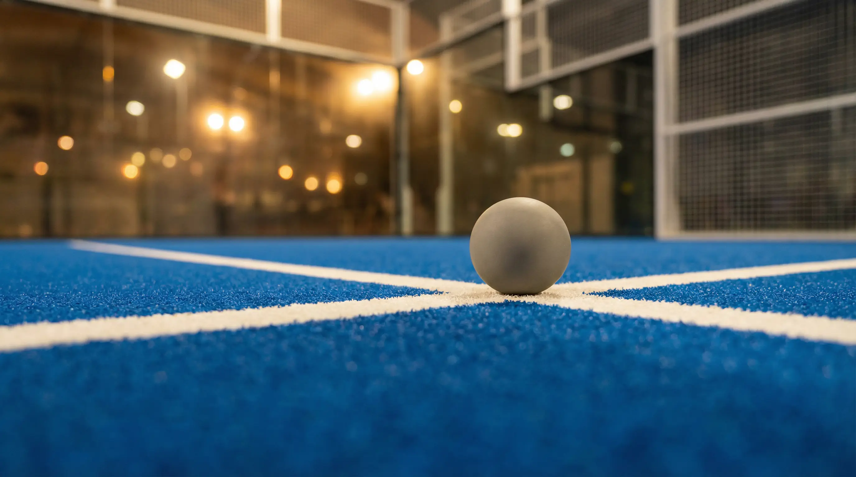 Primer plano de una bola de pádel sobre la línea de la pista con las paredes de cristal desenfocadas al fondo