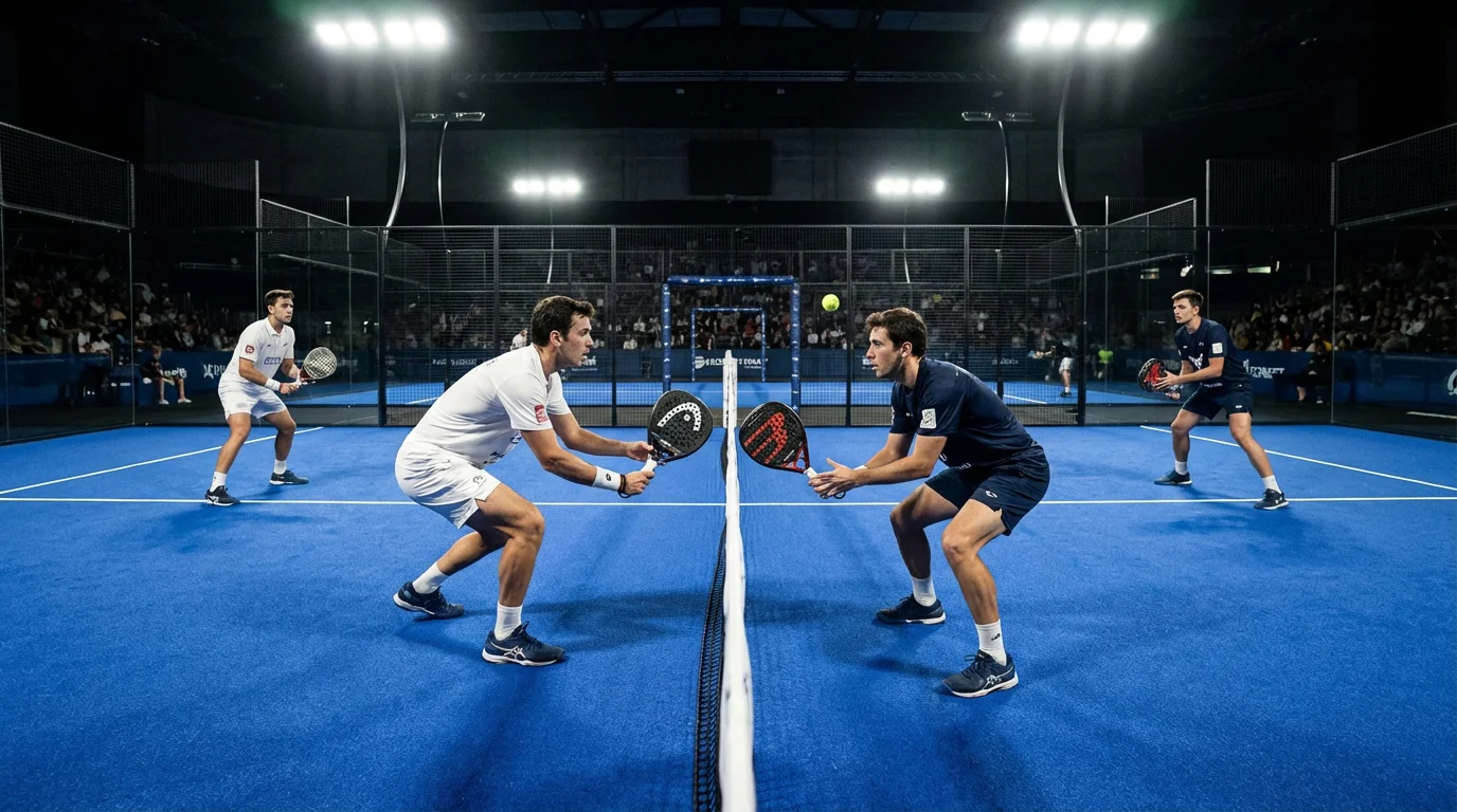 Dos parejas de pádel en posición de juego durante un punto decisivo en pista indoor profesional
