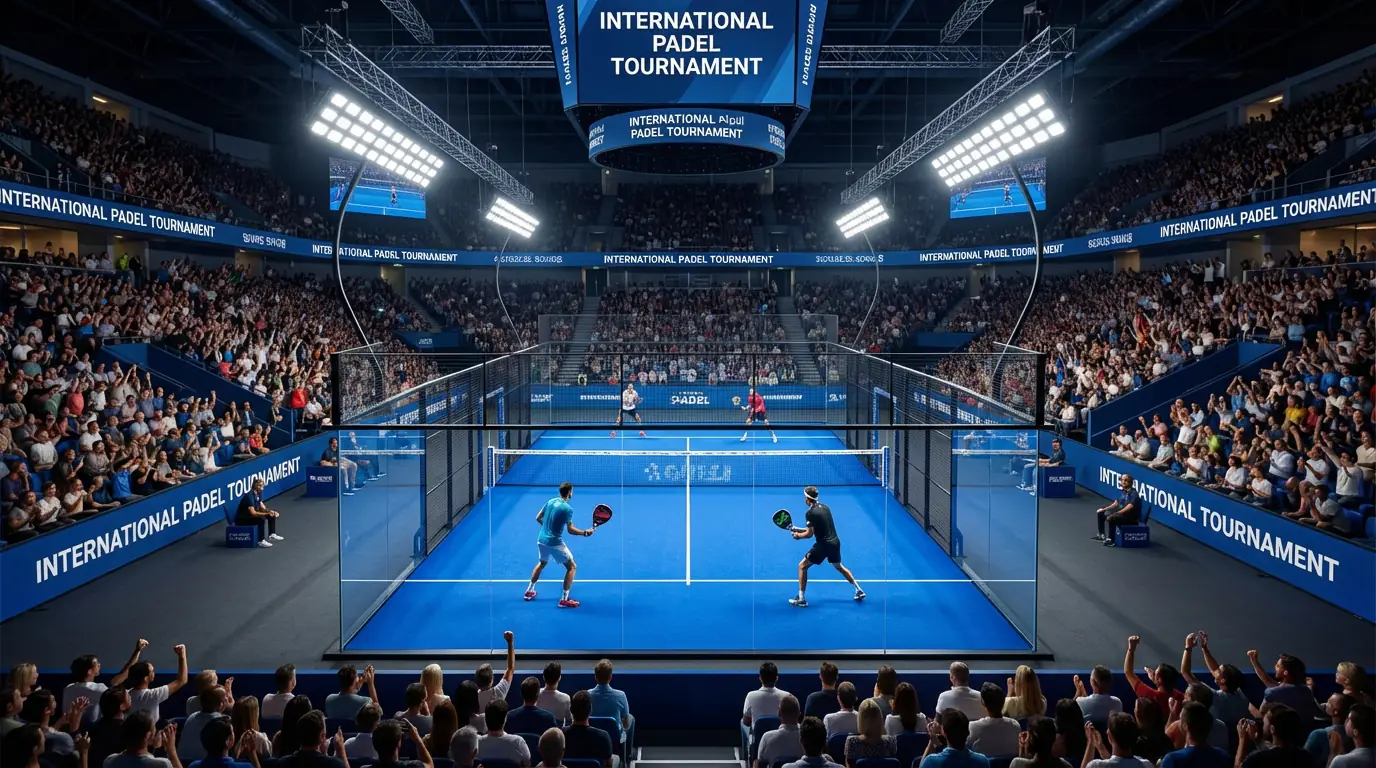 Vista panorámica de un torneo Premier Padel con pista central y gradas llenas de espectadores